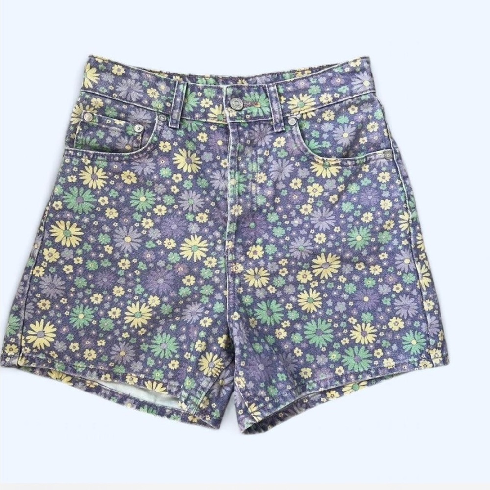 Zara Purple Floral High Waisted Denim Mom Shorts